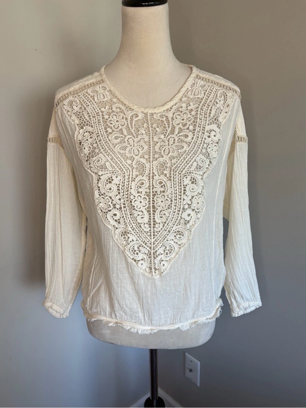 Masscob Cream Crochet‎ Lace Panel Long Sleeve Blouse Cotton Boho Cottage Small
